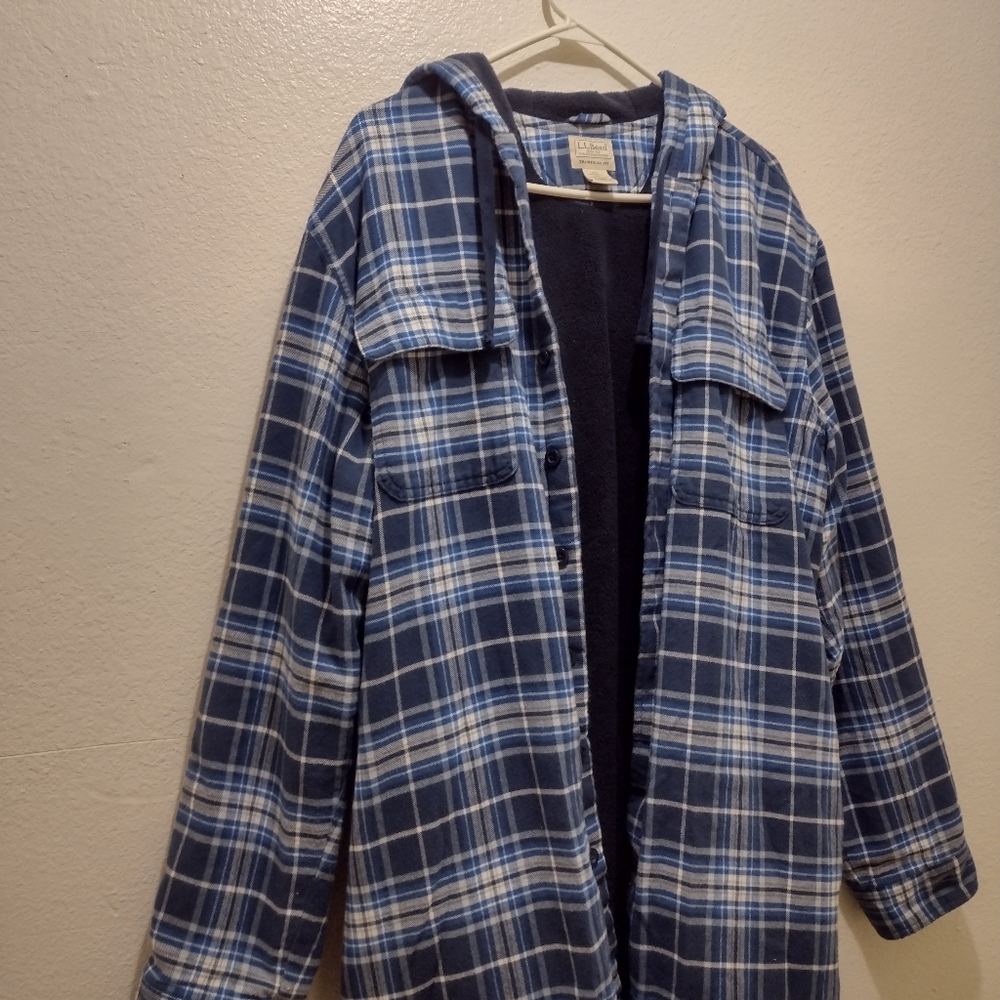 Mens XL Tall LL Bean Plaid Flannel Fleece Lined Traditional Fit Jacket W/ Hood